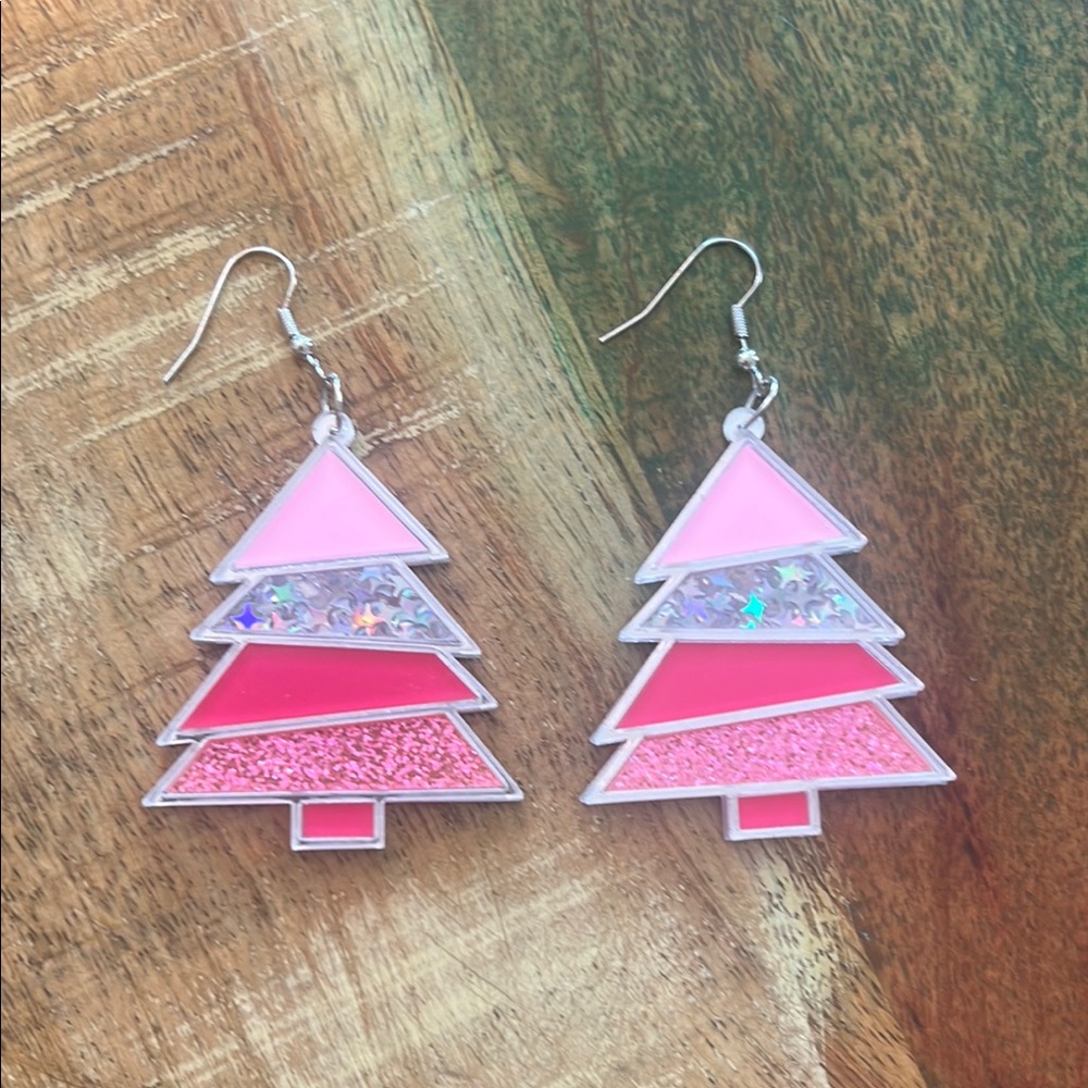 Pink Christmas Tree Earrings